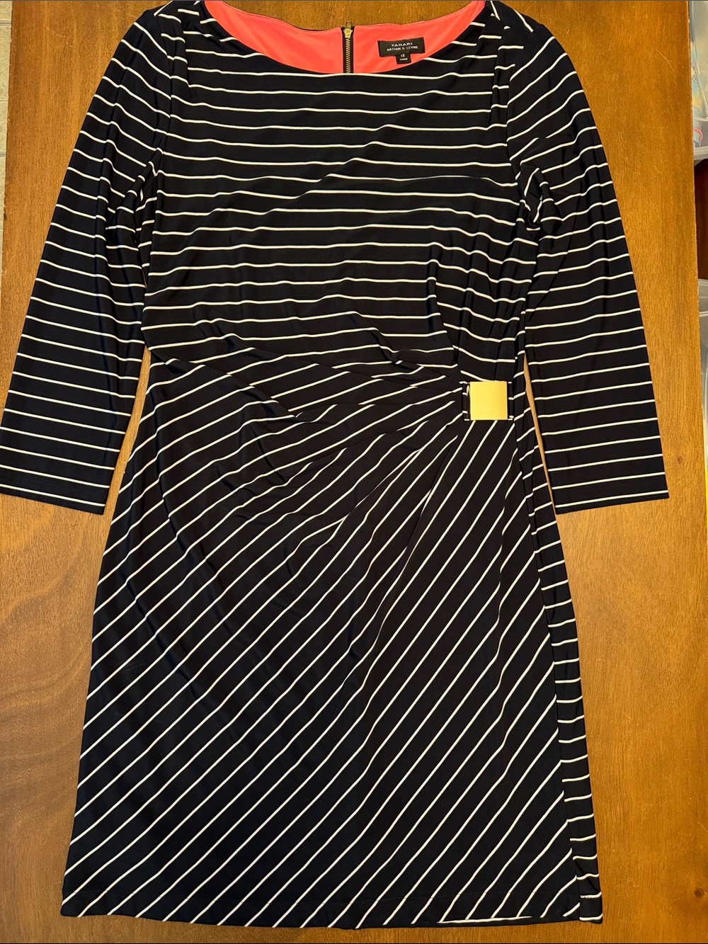 Tahari Black & White Striped Long-Sleeve Sheath Dress with Coral Trim